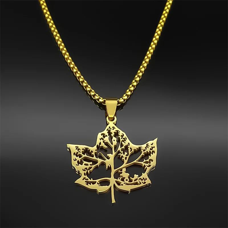 Tree Of Life Amulet Love Hollow Leaf Stainless Steel Gold Silver Color Chain Necklace Pendant