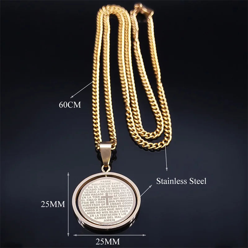 Stainless Steel Spanish Religious Christian Bible Lords Prayer Cross Pendant Necklace
