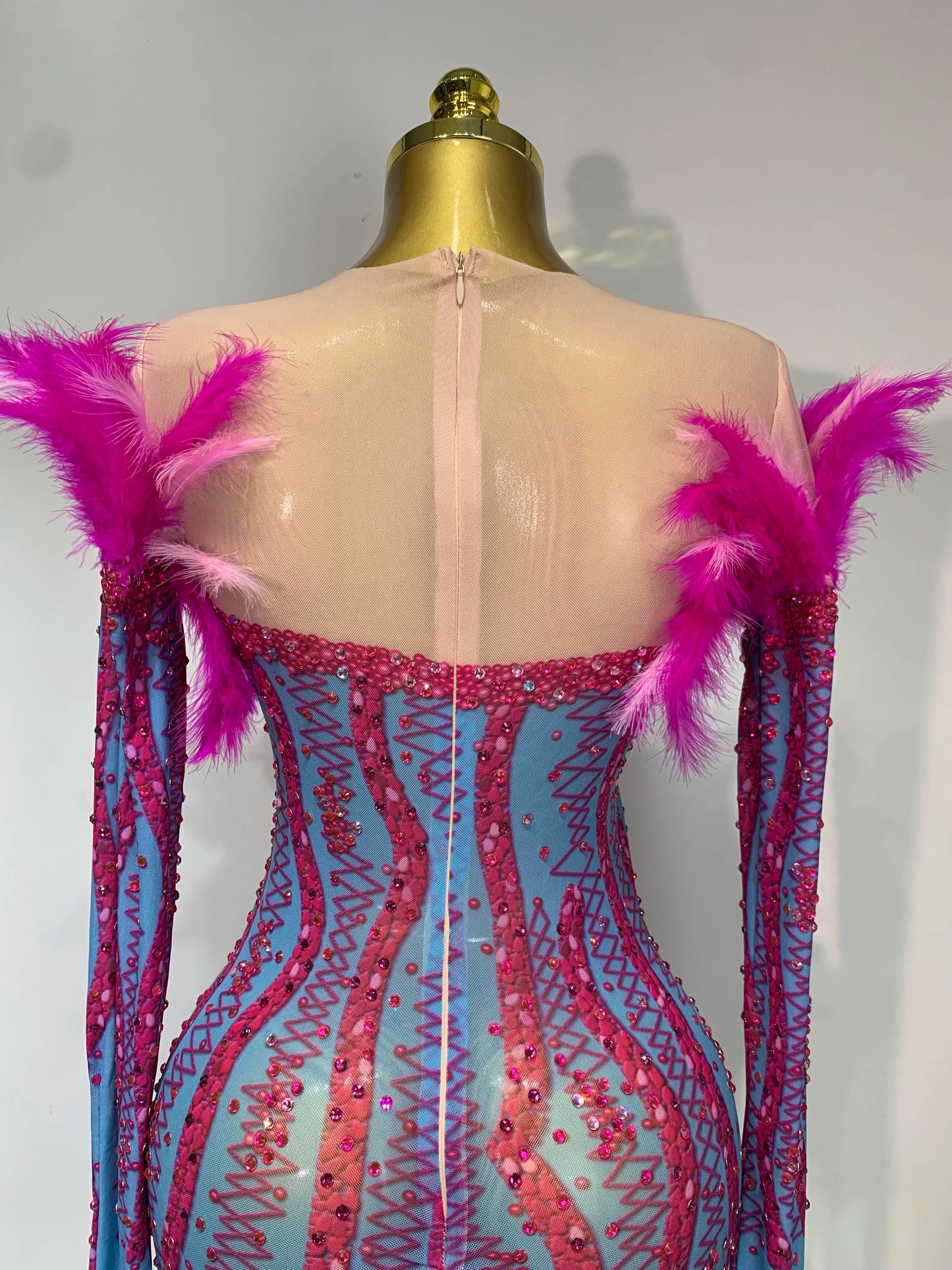Women Sexy Mesh See Through Diamond Feather Elegant Evening Party Dinner Wear Dress
