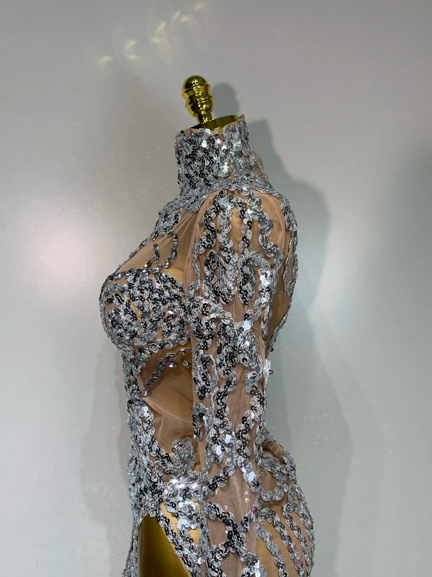 Sparkly Silver Gold Sequins Shor Sexy High Slit Nightclub Evening Party Birthday Dress