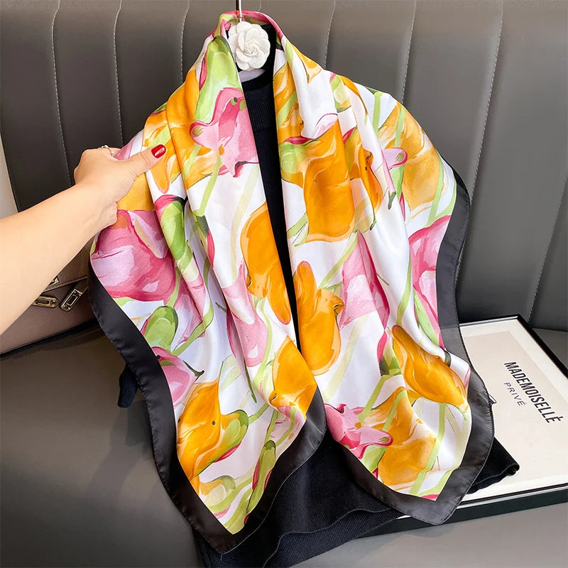 90cm Women Fashion Printed Silk Like Square Scarf Bandana Shawl Wrap Scarves