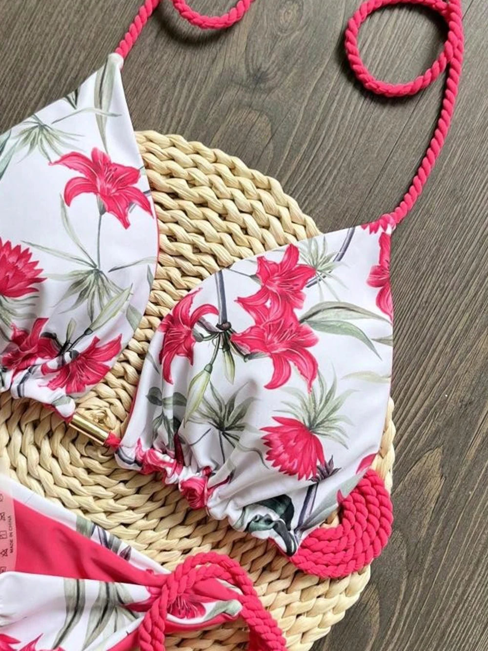 Sexy Plant Print Swimsuit Braiding Rope Bandage Bikinis Bathing Suit