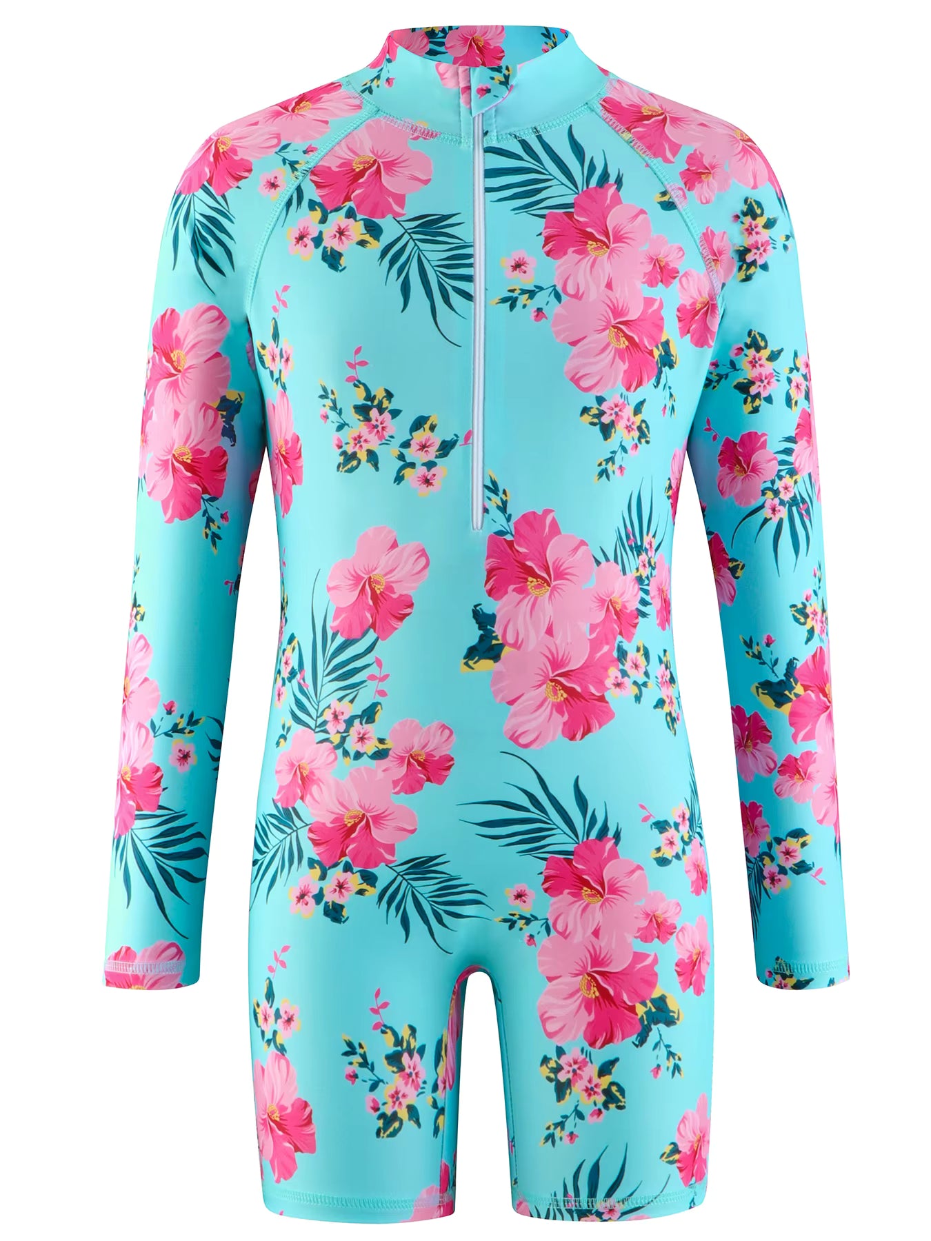 Girls Kids One Piece Long Sleeve Floral Print Beach Swim Rash Guard Boyleg Shorts Swimwear