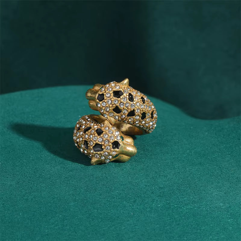 Women Blue Natural Stone Open Leopard Fashionable Water Drop Gold Color Pearl Flower Ring