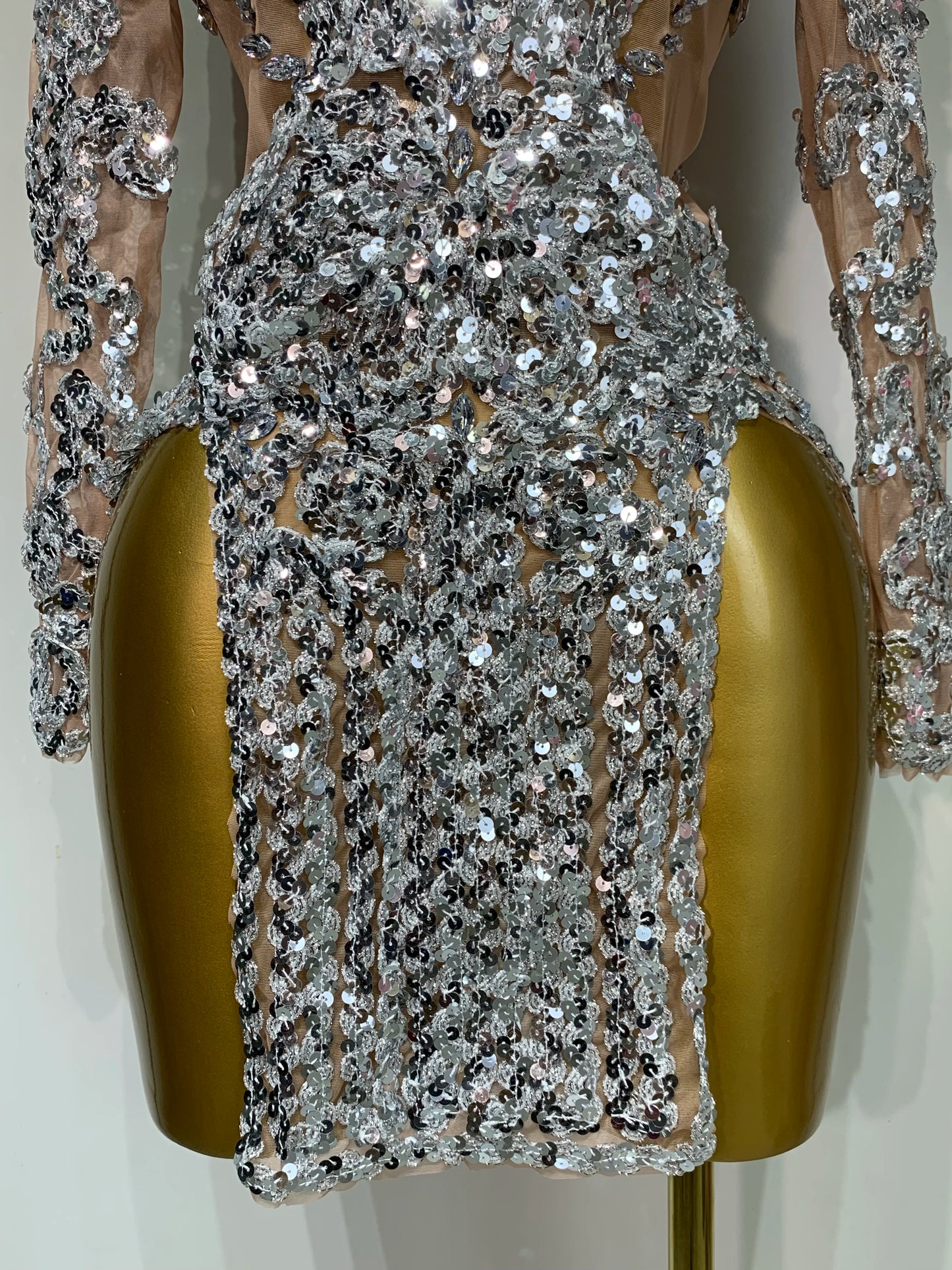 Sparkly Silver Gold Sequins Shor Sexy High Slit Nightclub Evening Party Birthday Dress