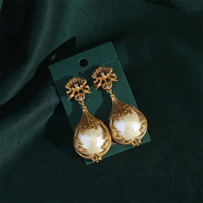 Women Vintage Baroque Pearl Dangle Yellow Flower Metal Carving Rose Water Drop Pendant Earrings