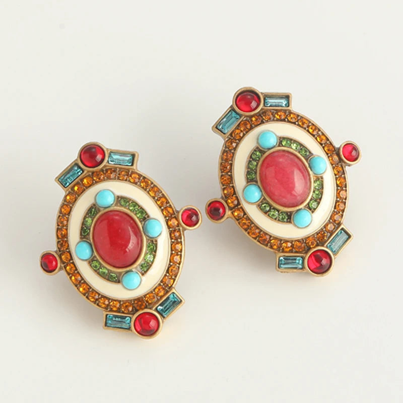 Ethnic Style Bohemia Red Natural Stone Oval Shape Vintage Crystal Antique Earrings