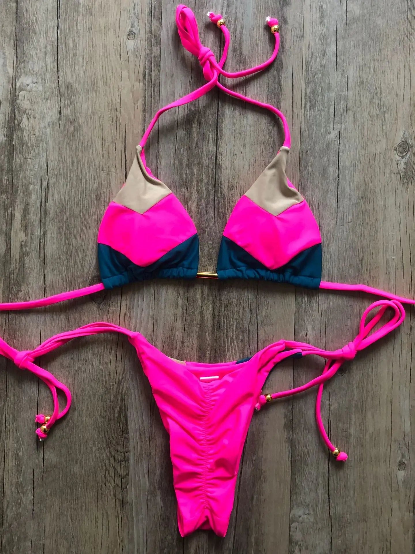 Sexy Halter Thong Micro Bikini Push Up Brazilian Tropical Plant Print String Mini Swimsuit