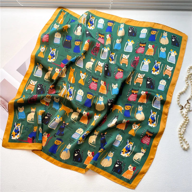 Women Fashion Silk Satin Cats Pets Printed Wrap Scarf Bandana Scarves