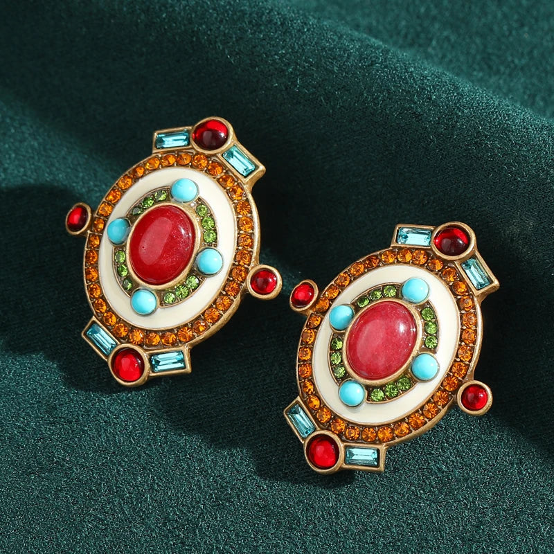 Ethnic Style Bohemia Red Natural Stone Oval Shape Vintage Crystal Antique Earrings