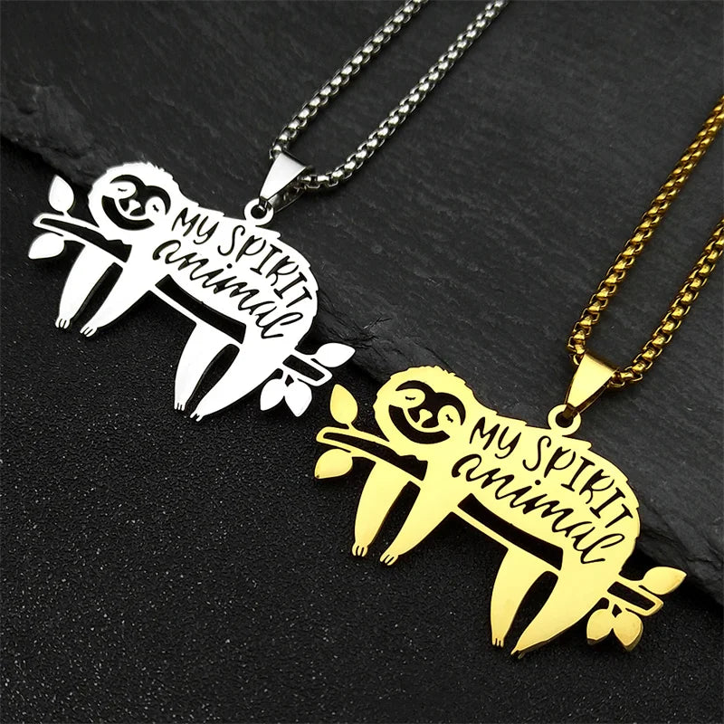 Cute Sleep Sloth My Spirit Animal Women Men Stainless Steel Gold Silver Chain Necklace