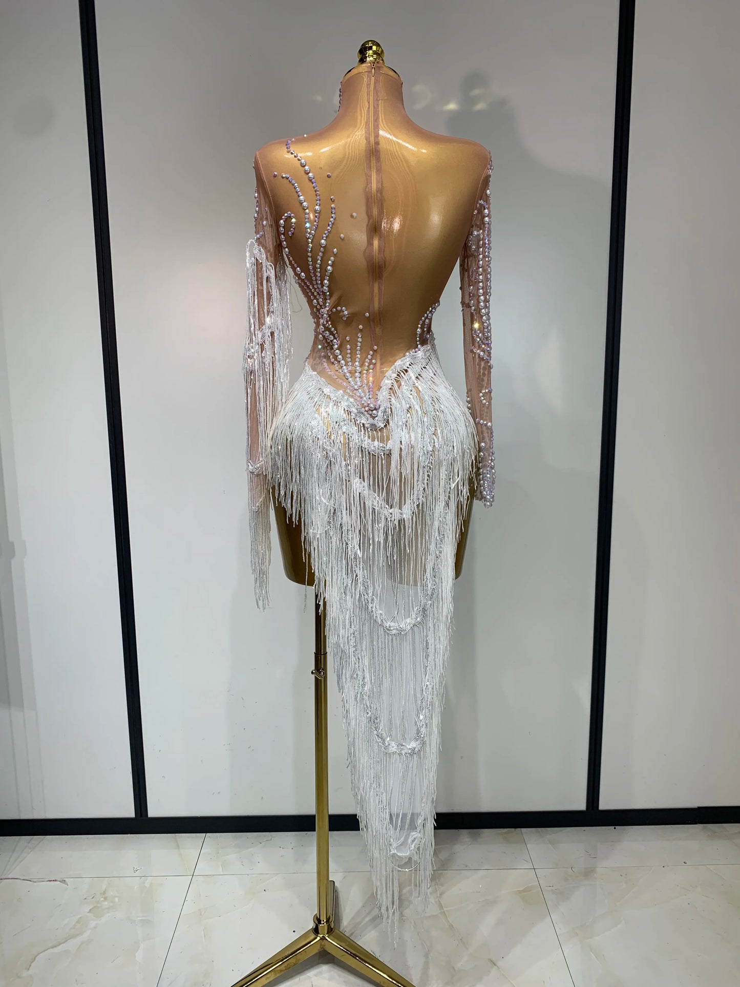 Sexy Rhinestone Sequins Tassel Mesh See Through Evening Party Nightclub Singer Sparkly Dress