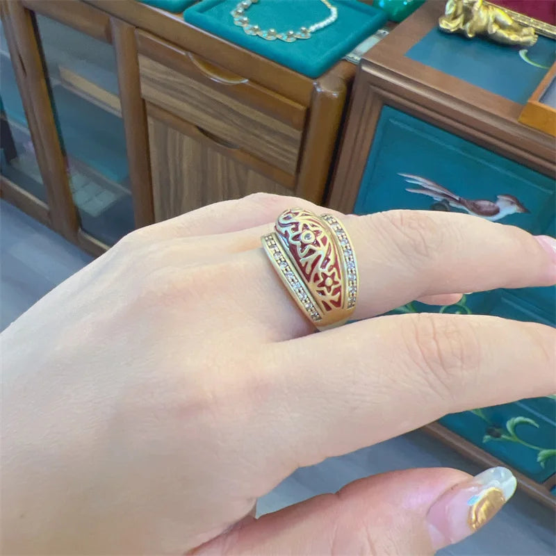 18k gold plating Red Enamel Inlaid Rhinestones Vintage Women Luxury Antique Star Carving Pattern Ring