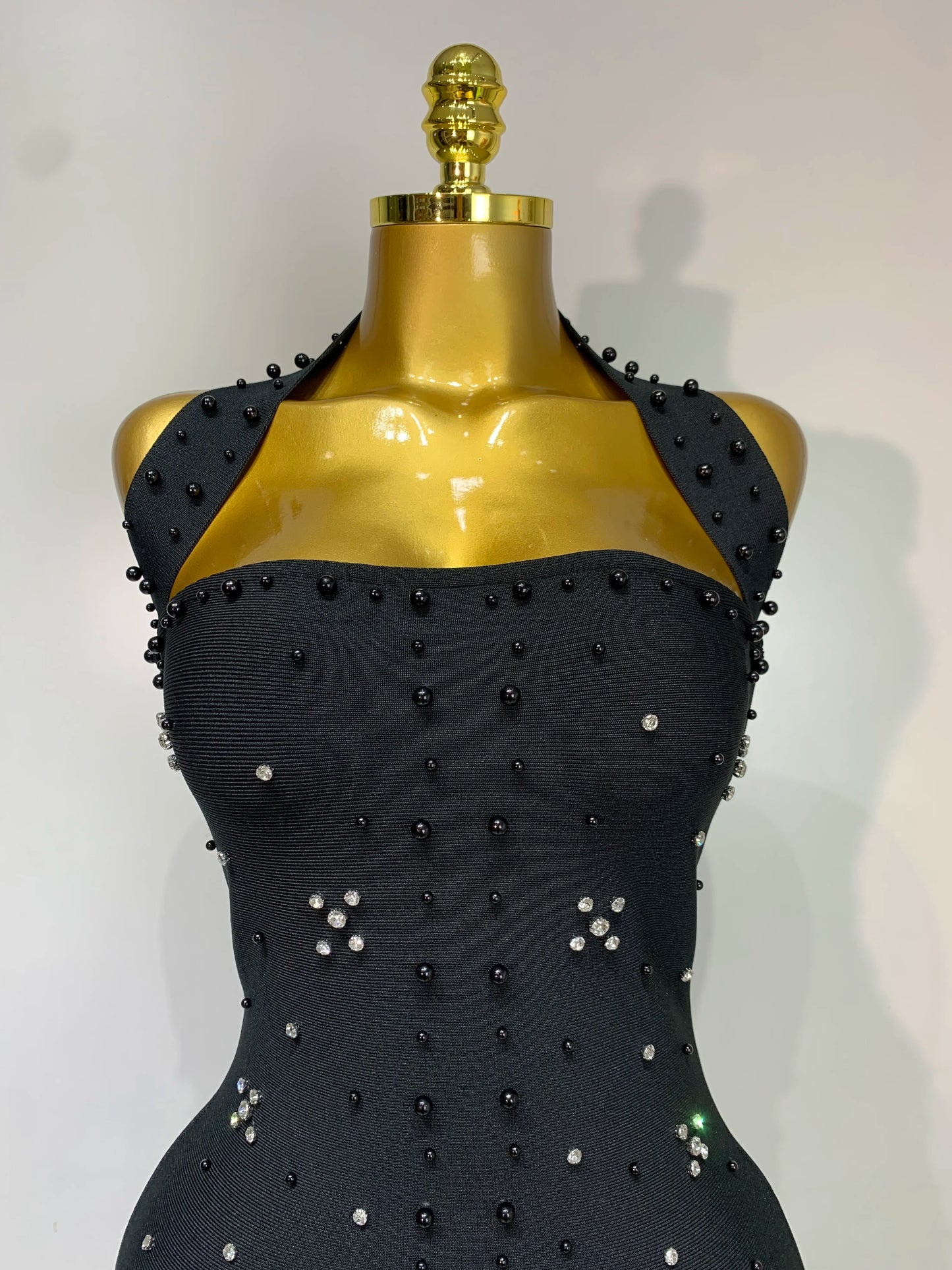 Sexy Sparkly Rhinestone Pearl Halter Backless Bandage Long Birthday Evening Party Dress