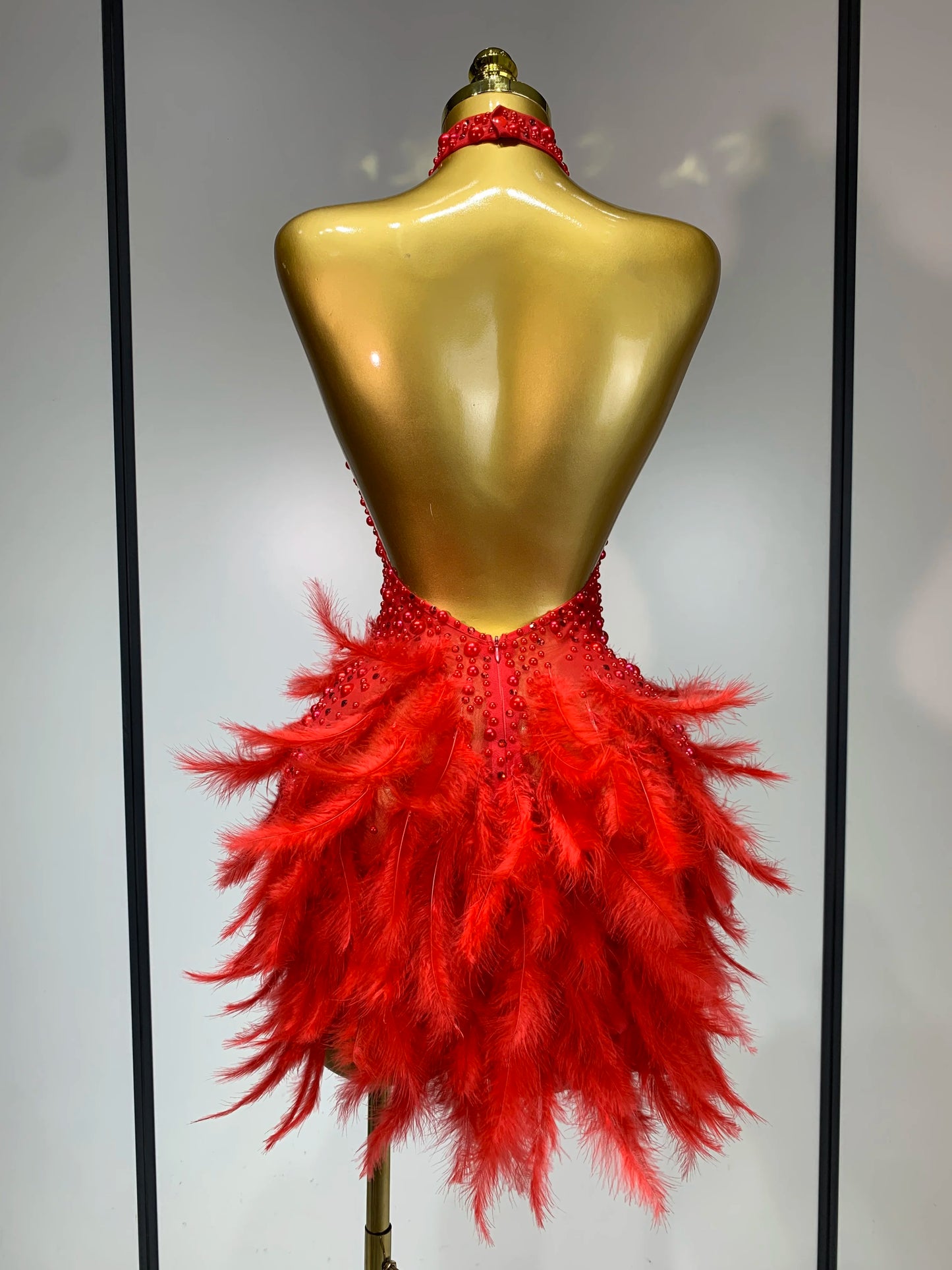 Sexy Halter Backless Feather Pearl Short Party Rhinestone Birthday Evening Dress