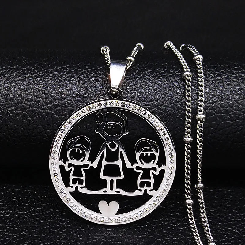 Family Boy Gril Stainless Steel Silver Color Crystal Necklace