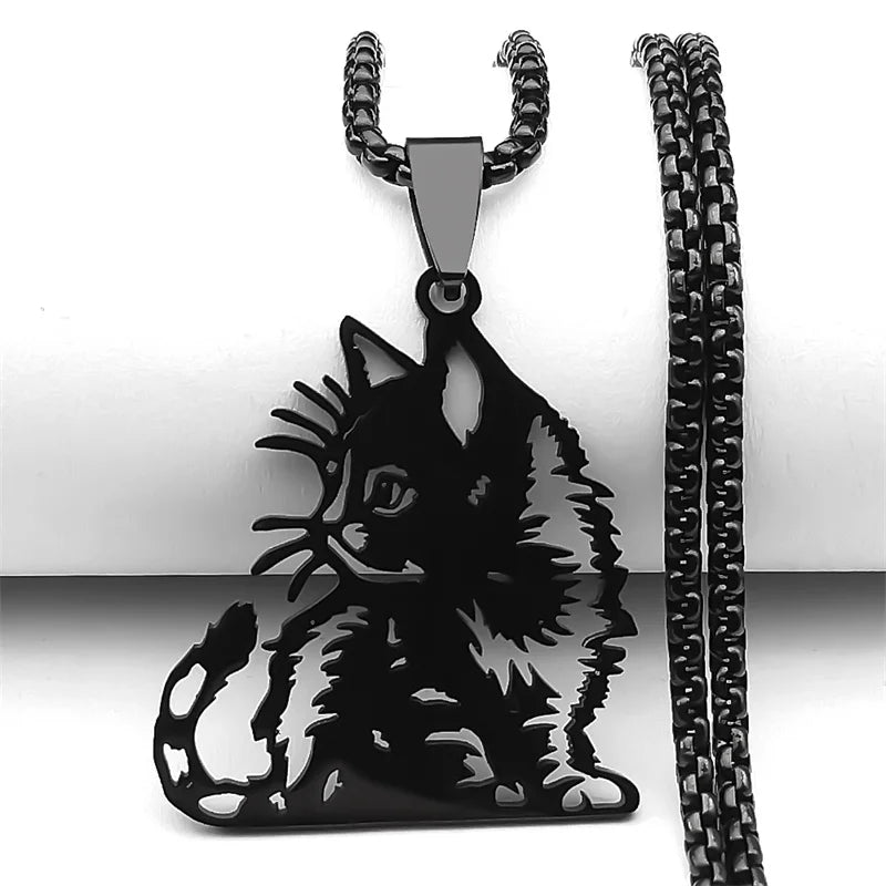 Siamese Kitten Kitty Animal Cat Unisex Stainless Steel Gold Silver Color Hollow Chain Pendant Necklace