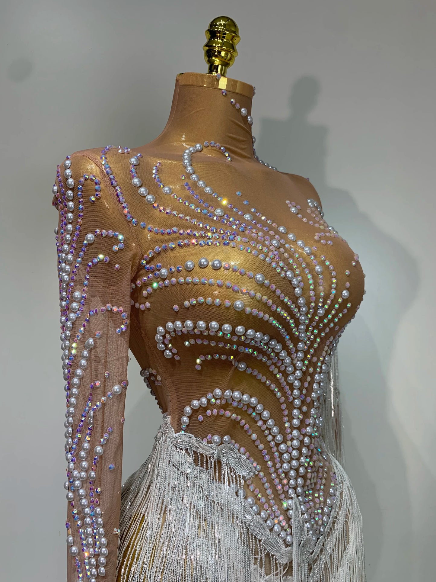 Sexy Rhinestone Sequins Tassel Mesh See Through Evening Party Nightclub Singer Sparkly Dress