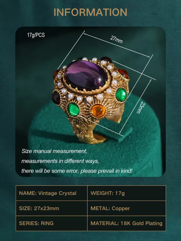 Women 18K Gold-Plated Vintage Baroque Oval Crystal Pearl Cluster Ring