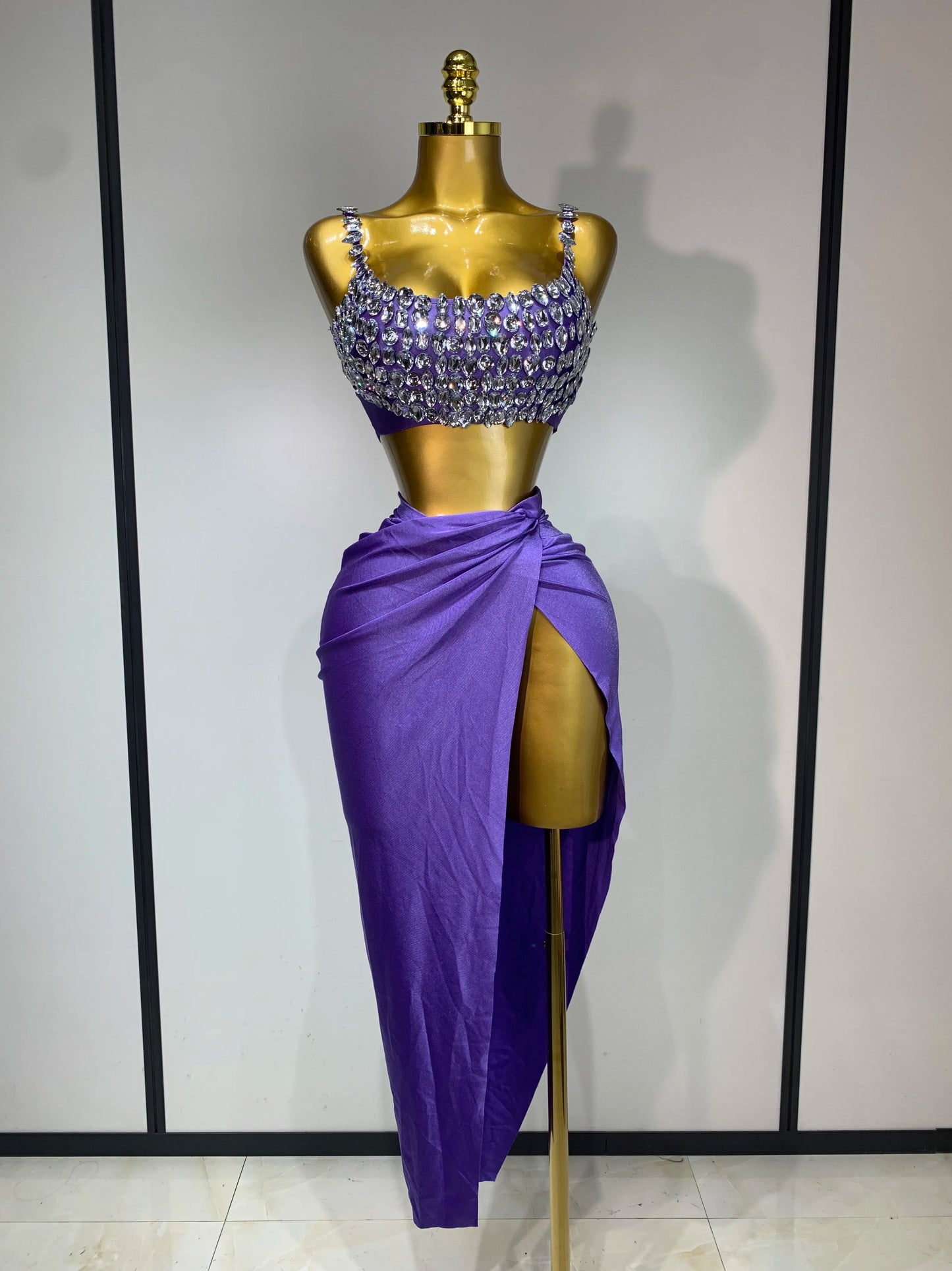 Women Sparkly Rhinestone Crop Tops Long Skirt Two Pieces Birthday Party Dinner Dress