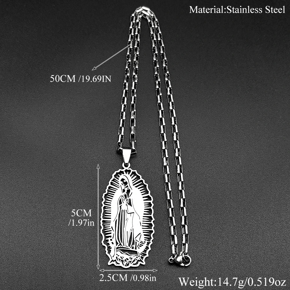 Women Men Stainless Steel Gold Color Our Lady of Guadalupe Hollow Catholic Virgin Mary Pendant Necklace