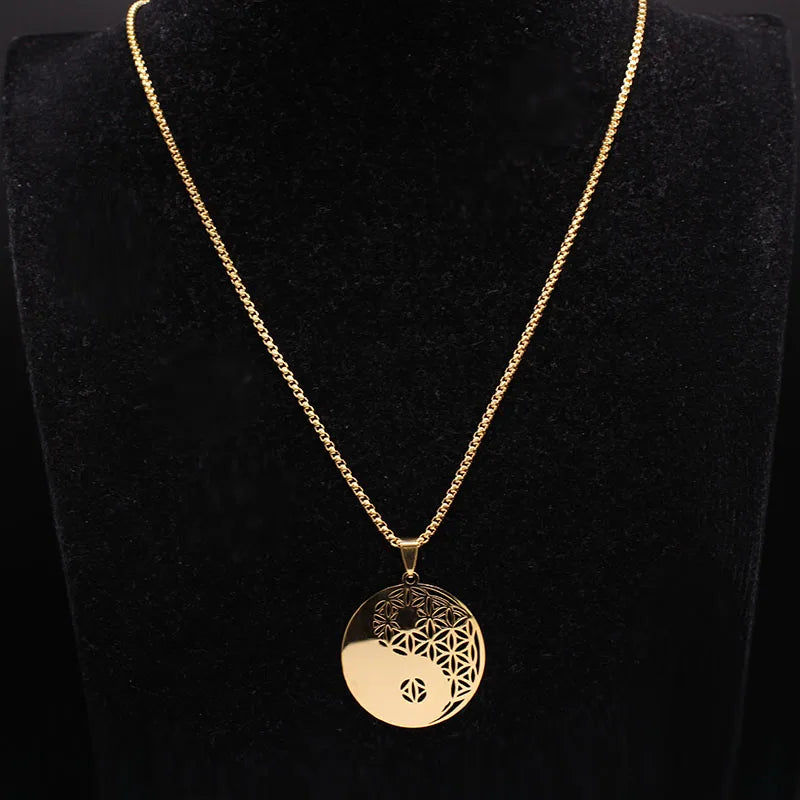 Women Men Flower of Life Stainless Steel Gold Color Mandala Long Necklace