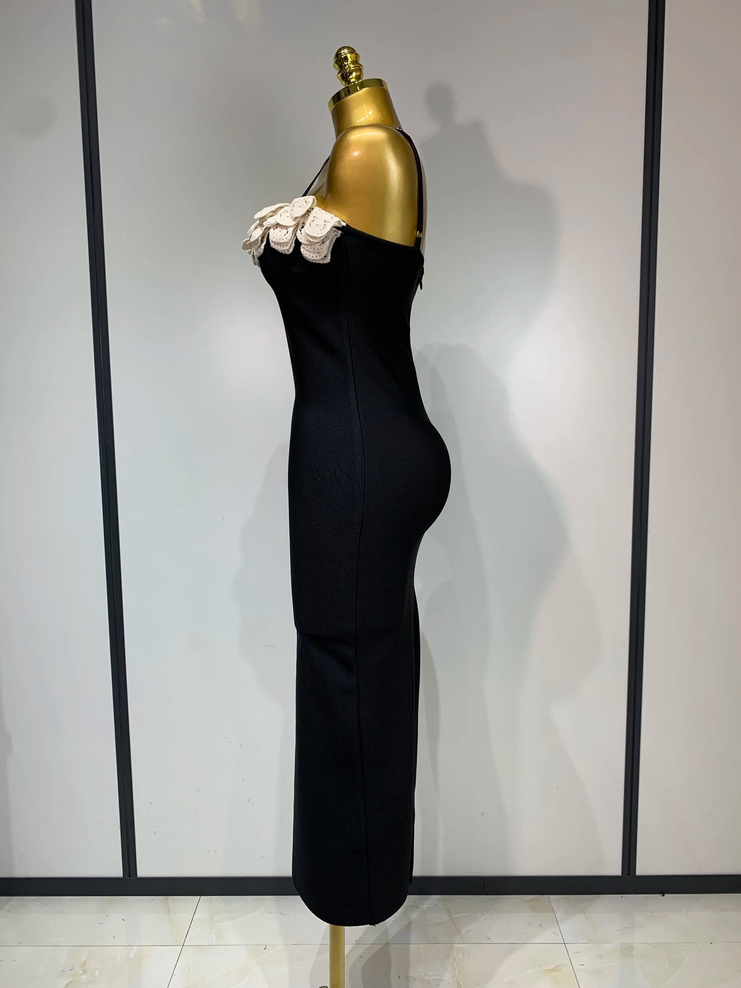 Sexy Spaghetti Strap Lace Midi Bandage Elegant Celebrity Evening Party Birthday Black Sleeveless Dress