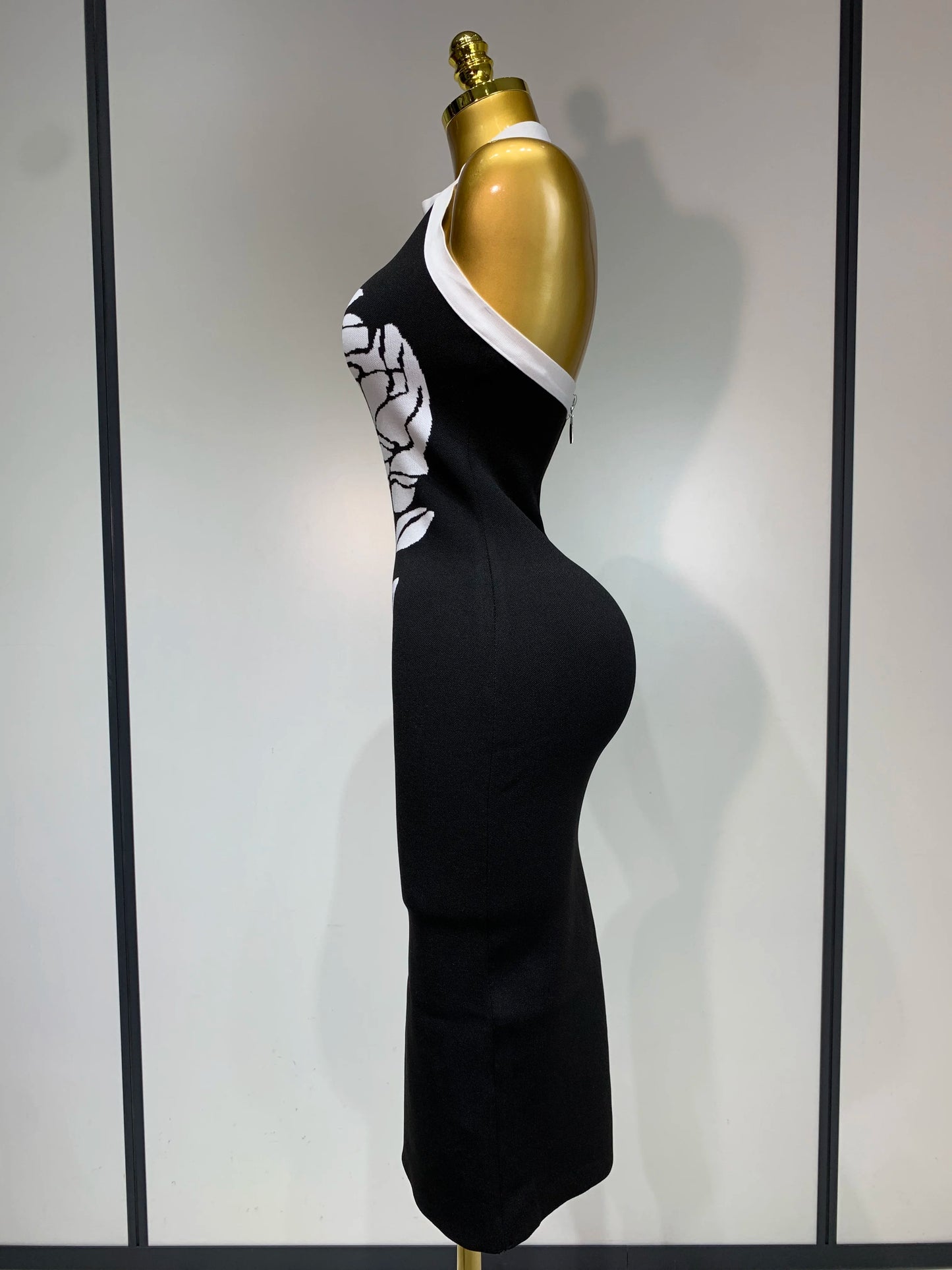 Women Fashion Celebrity Sexy Backless Rose Flower Midi Black Jacquard Bandage Party Dress