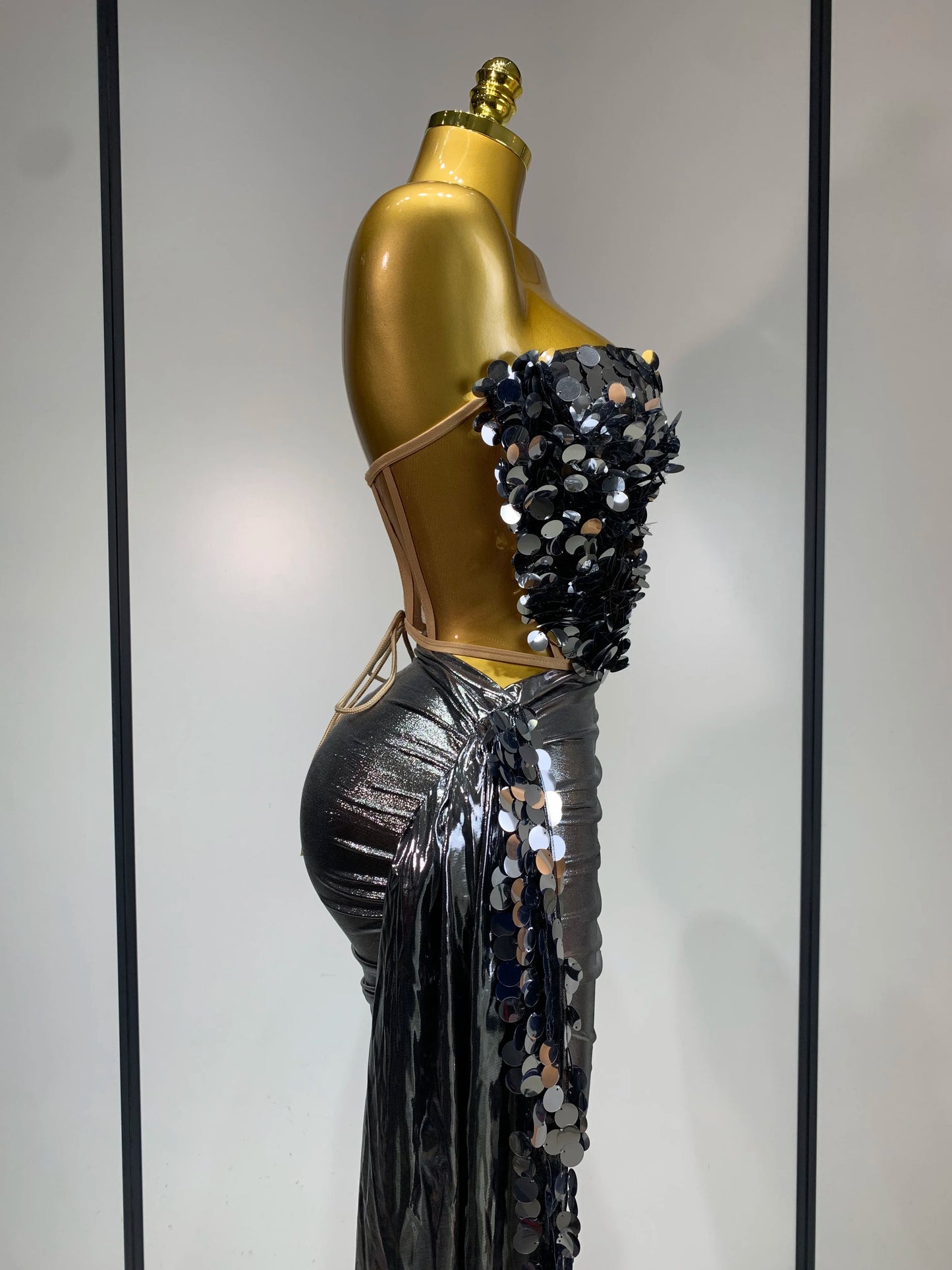 Sparkly Sequin Two Piece Sexy Strapless Backless Women's Evening Nightwear Dress