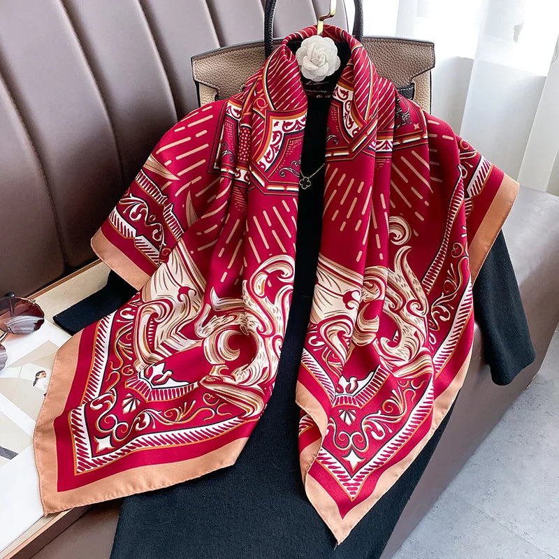 Women Design Print Twill Square Silk Scarf Wraps Bandana Scarves