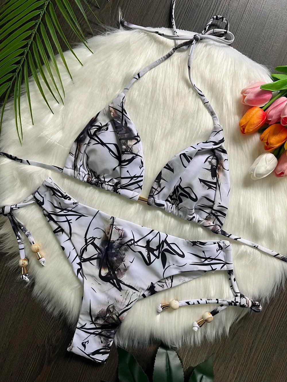 Sexy Print Bandage Bikini Swimsuit Two-piece Triangle Swimwear Bathing Suit