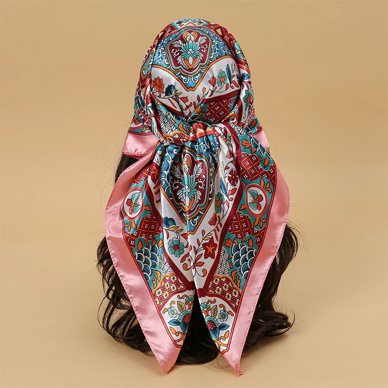 Women Fashion Silk Square Vintage Hijab Flower Prints Pashmina Bandana Scarves
