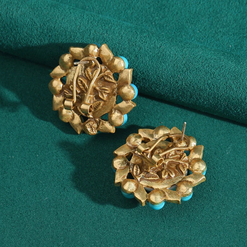 Vintage White Natural Stone Flower Shape Stud Blue Flower Antique Earrings