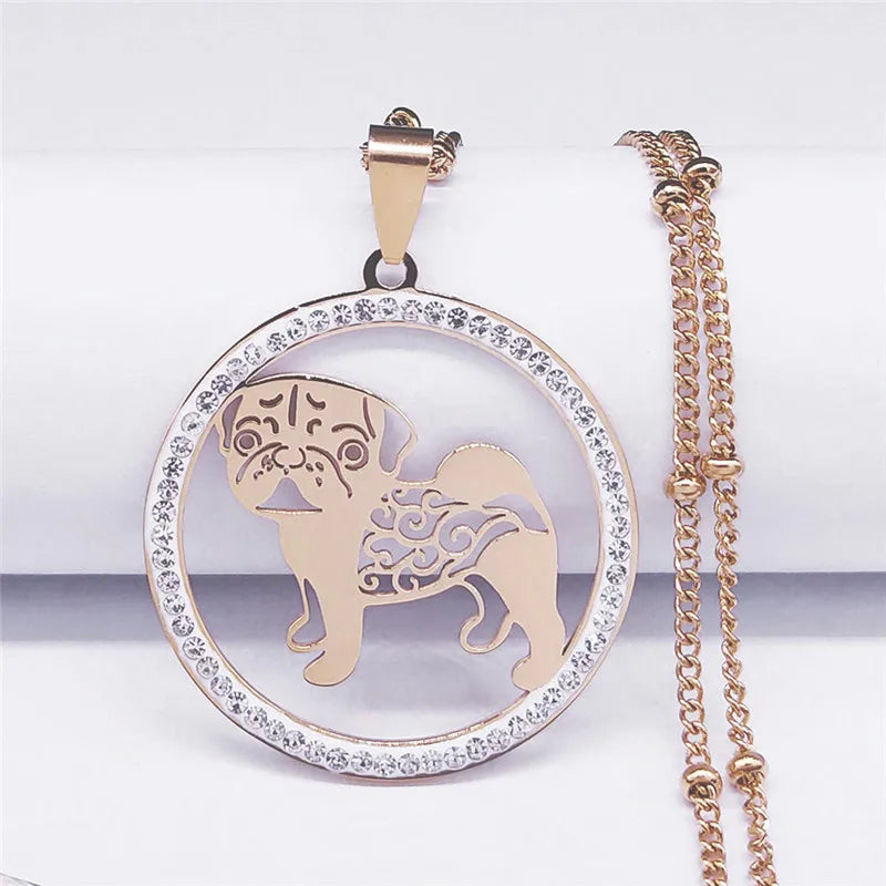 Pug Dog Stainless Steel Crystal Necklace Pendant Gold Color Chain Necklace
