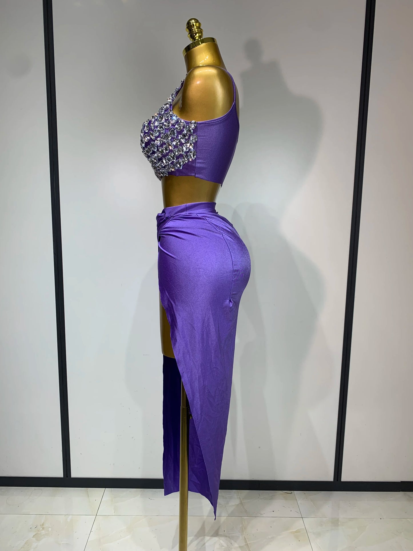 Women Sparkly Rhinestone Crop Tops Long Skirt Two Pieces Birthday Party Dinner Dress