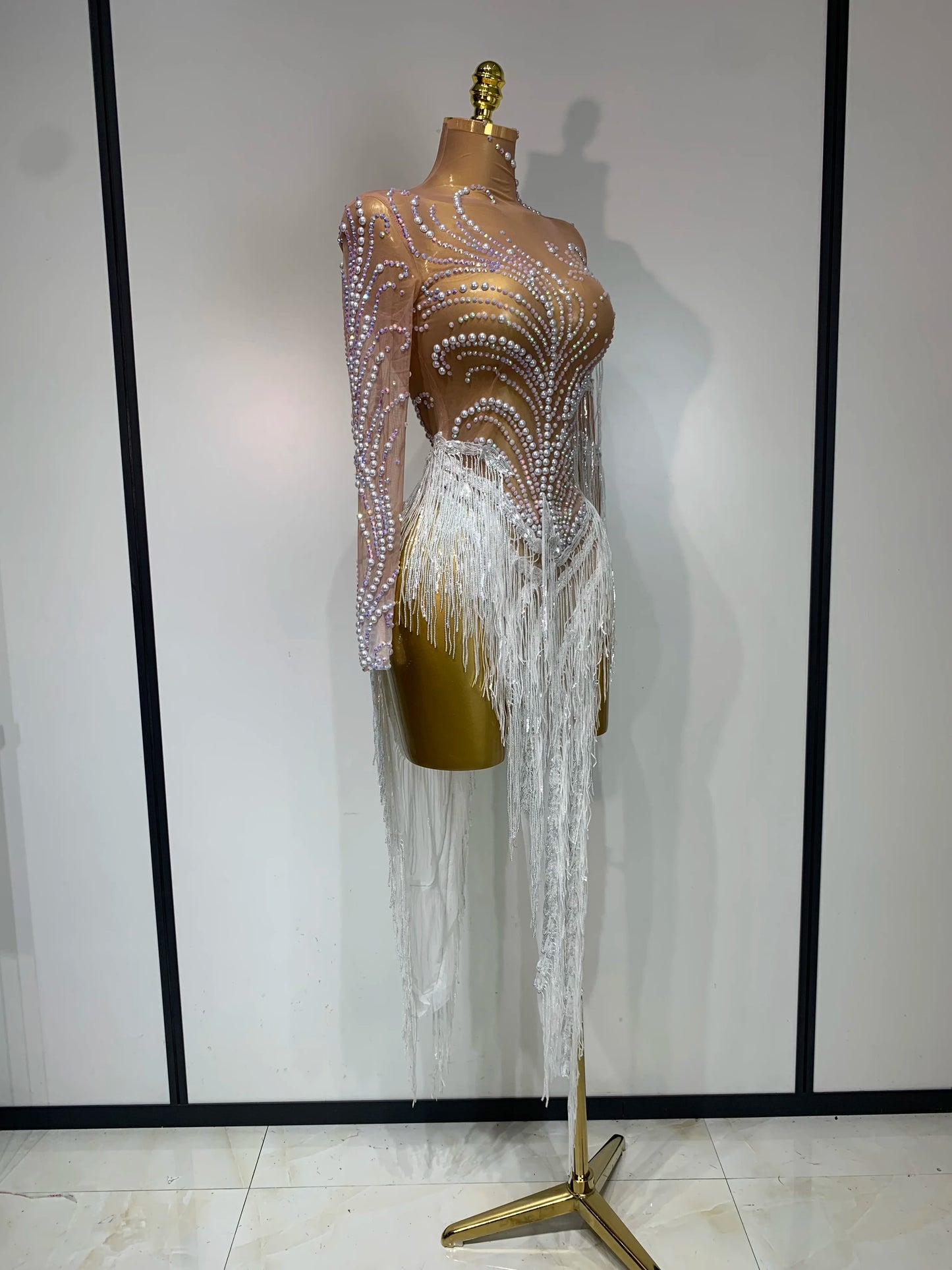 Sexy Rhinestone Sequins Tassel Mesh See Through Evening Party Nightclub Singer Sparkly Dress
