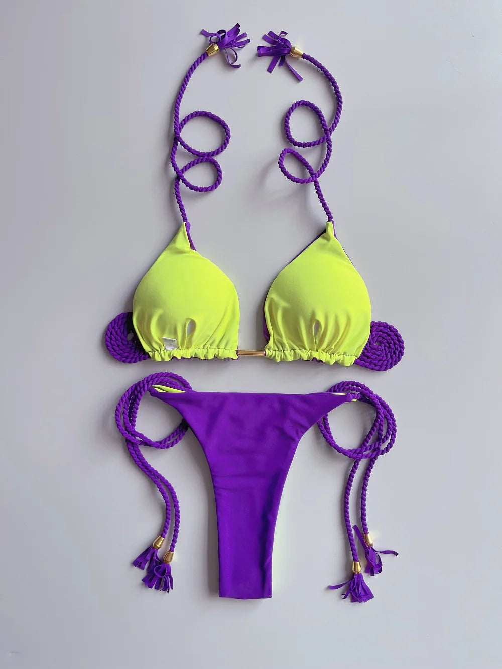 Sexy Solid color Braiding Rope Bikini Swimsuit Two-piece Triangle Swimwear Bathing Brazilian Suits