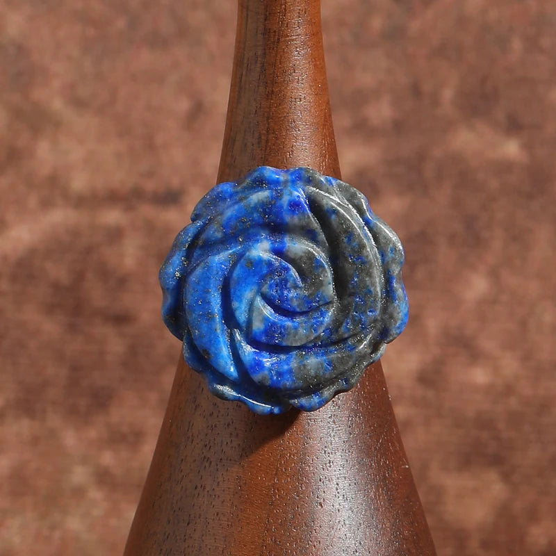 18k gold Vintage Large Rose Flower Natural Stone Engrave Blue Enchantress Luxury Wedding Ring
