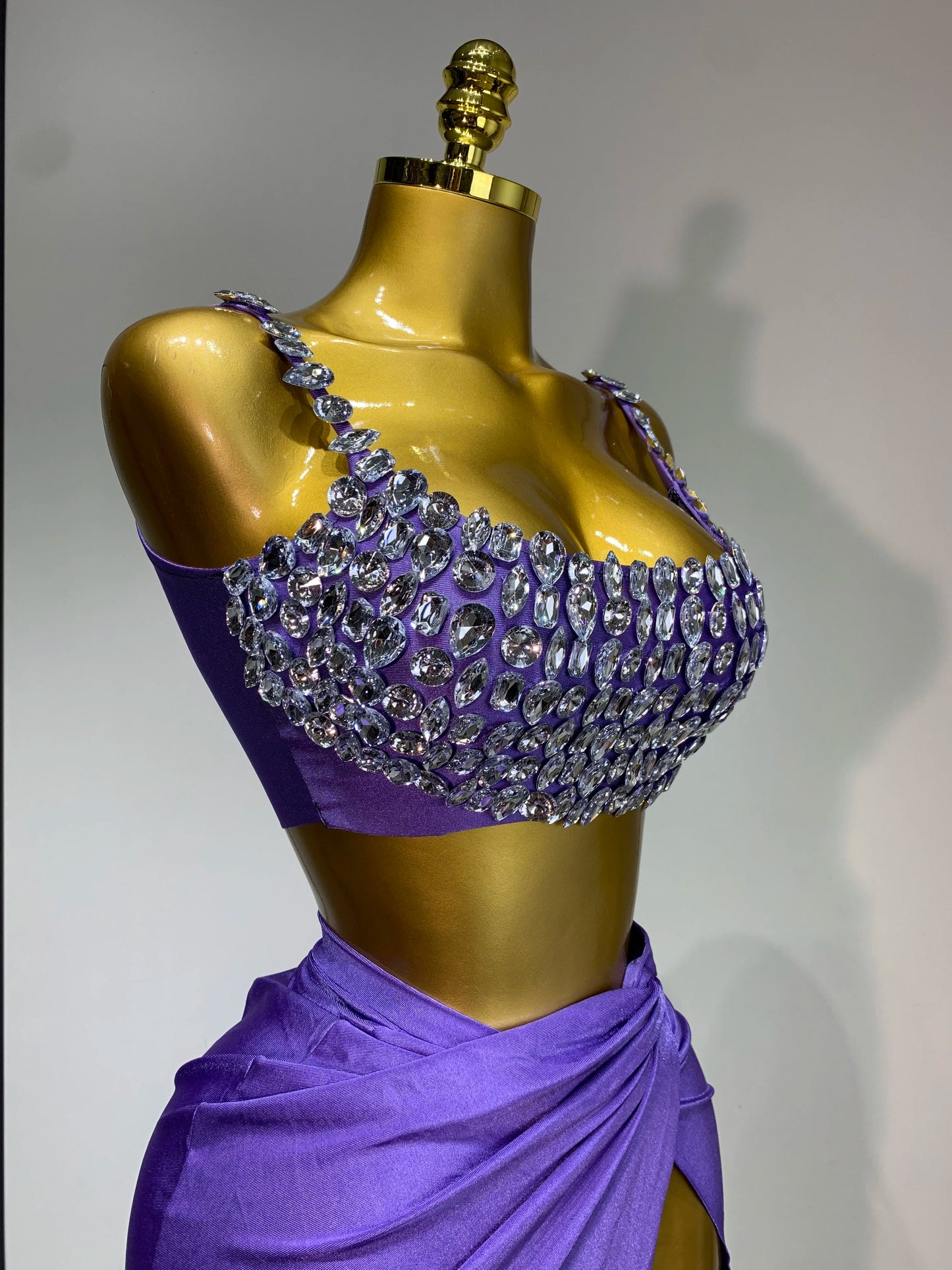 Women Sparkly Rhinestone Crop Tops Long Skirt Two Pieces Birthday Party Dinner Dress