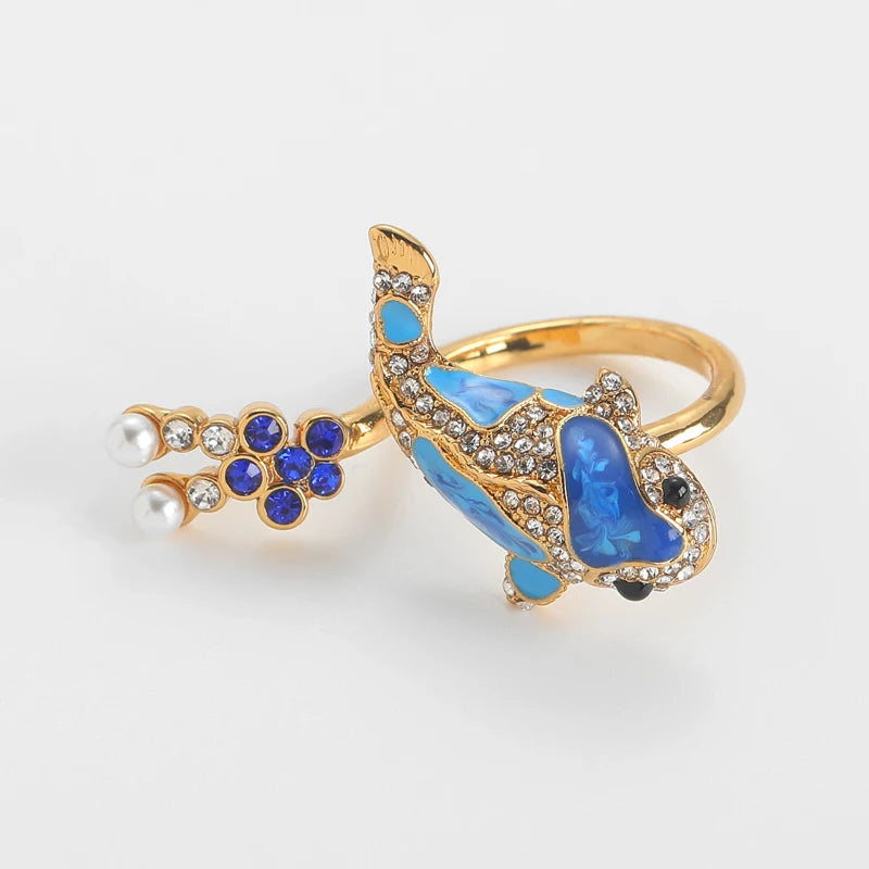  Vintage Blue Enamel Goldfish Pearl Rhinestone Women Open Gold Plated Designer Ring