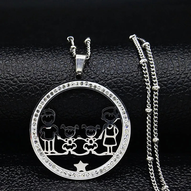 Family Boy Gril Stainless Steel Silver Color Crystal Necklace