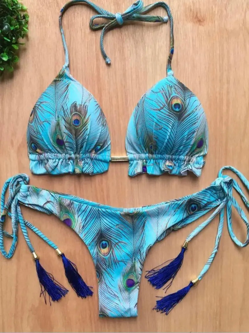 Sexy Micro Feather Print Bandage Swimwear Bathing Brazilian Bikini Suit