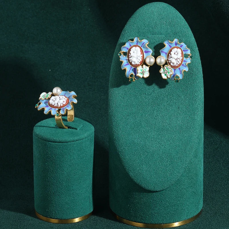 Vintage Monet Garden Blue Relief Flower Pearl Enamel Petals Earrings Jewelry Set