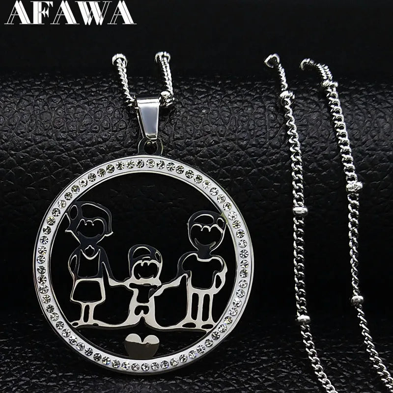 Family Boy Gril Stainless Steel Silver Color Crystal Necklace