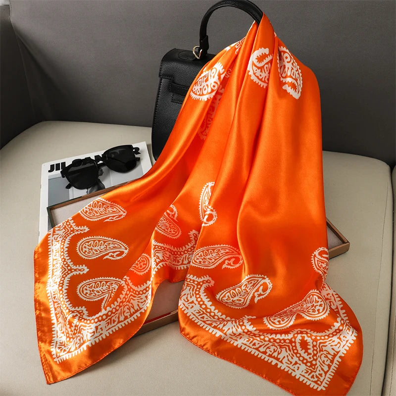 90cm Women Vintage Paisley Square Silk Shawls Printed Wraps Bandana Scarves