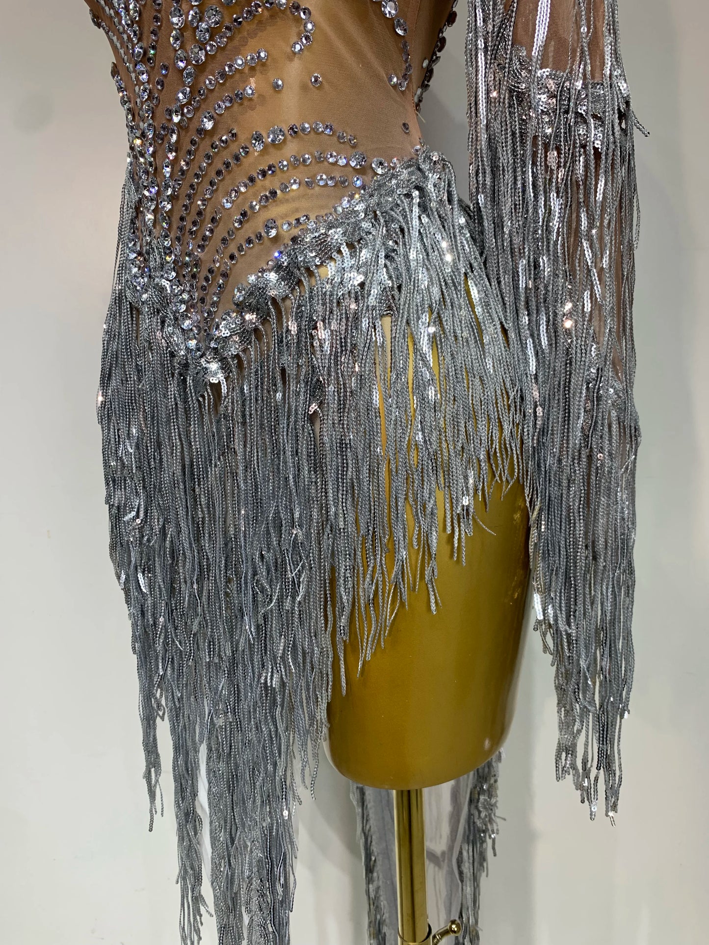 Sexy Rhinestone Sequins Tassel Mesh See Through Evening Party Nightclub Singer Sparkly Dress