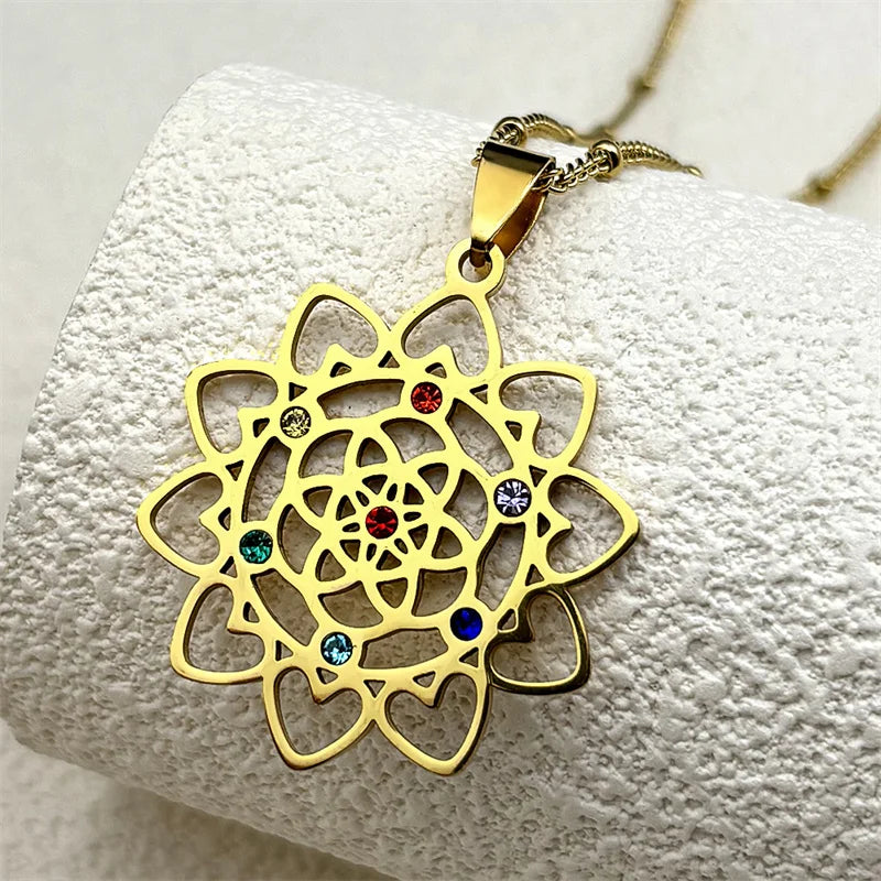 Sacred Geometry 7 Chakra Metatron Stainless Steel Flower of Life Gold Color Chain Necklace