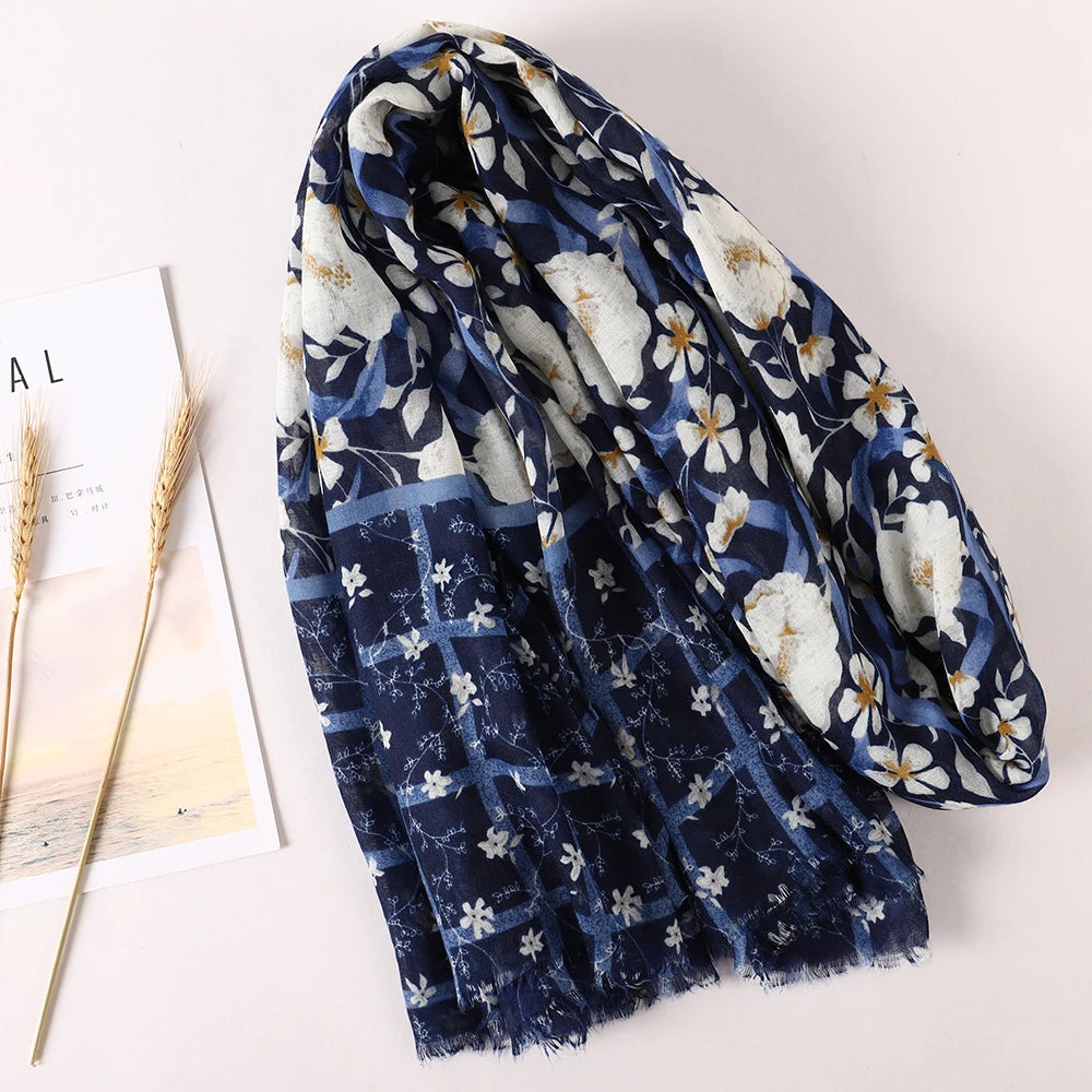 Women Fashion Large Cotton Flower Designs Tassel Prints Scarves Wrap Shawl Scarf