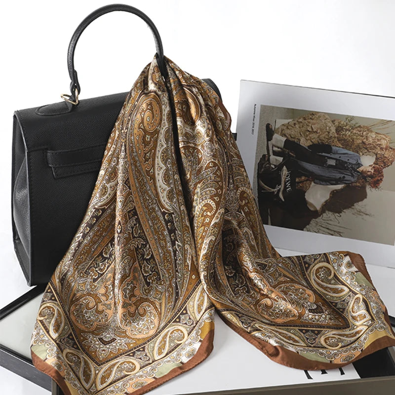 Women Design Square Silk Satin Scarf Flower Prints Bandana Scarves