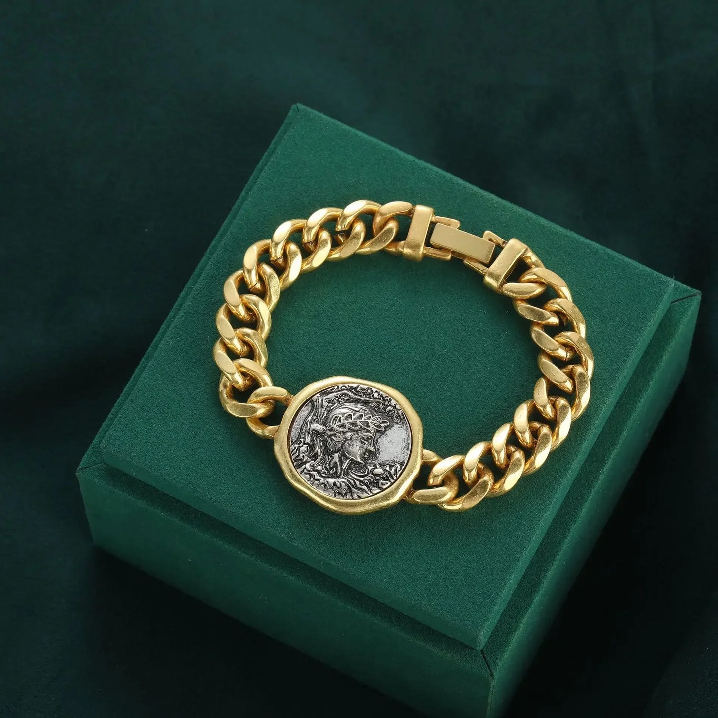 Vintage Copper Beauty Portrait Ancient Round Coin Wide Chain Women Bracelet